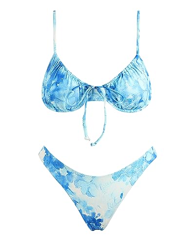 VOLAFA Damen Triangel Bikini Badeanzug Druck Push Up Elastische Krawatte String Top Gerippt Zweiteiliger Badeanzug Set, Blaue Phantomklinge, 38 von VOLAFA