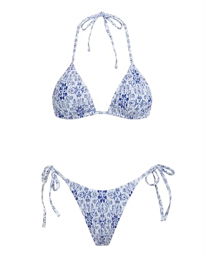 VOLAFA Damen-Triangel-Bikini-Set, String-Badeanzug, bedruckt, gebunden, gesmokt, gerüscht, zweiteiliger Badeanzug, Blau3, 38 von VOLAFA