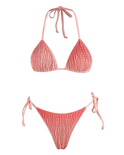 VOLAFA Damen-Triangel-Bikini-Set, String-Badeanzug, bedruckt, gebunden, gesmokt, gerüscht, zweiteiliger Badeanzug, 38 von VOLAFA