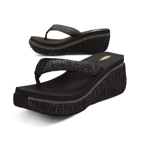 VOLATILE Island Keilsandalen für Damen mit Slip-On-Riemen-Plateau-Stil, EVA-Einlegesohle und Gummi-Außensohle, Schwarzer Bast., 42 EU von VOLATILE