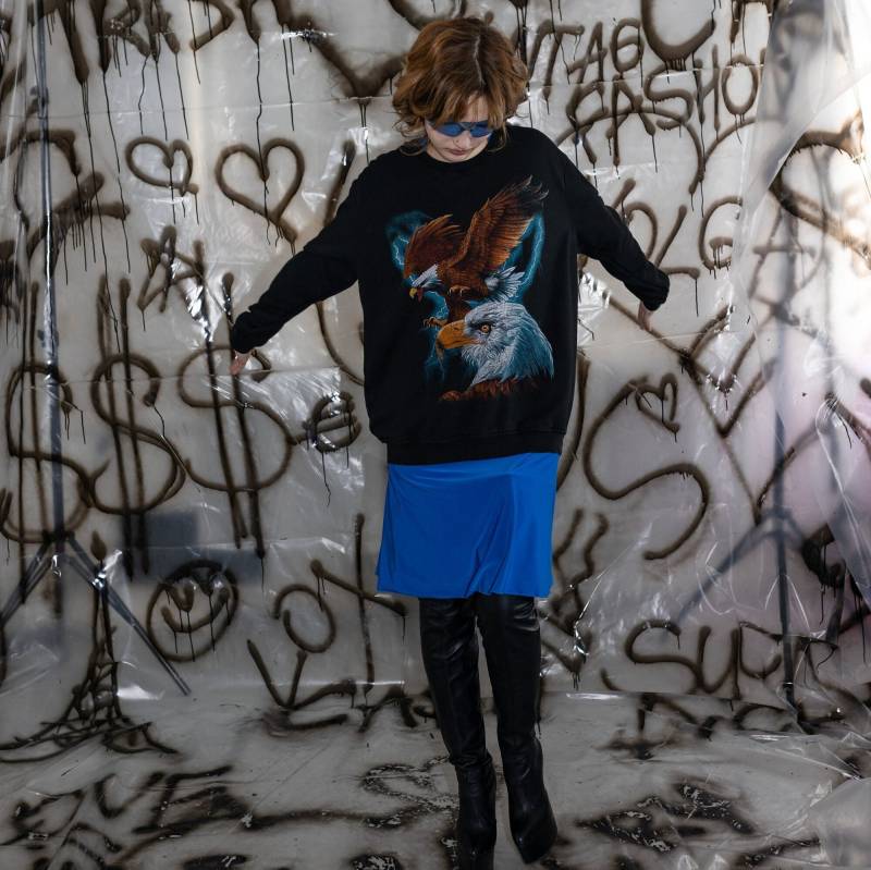 90's Vintage Epic Rave Sweatshirt Mit Adler Print in Schwarz&blau von VOLGAVINTAGE