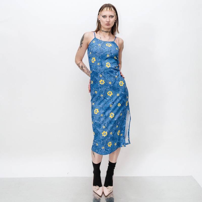 90's Vintage Sommerkleid Aus Denim & Blumenprint in Blau von VOLGAVINTAGE
