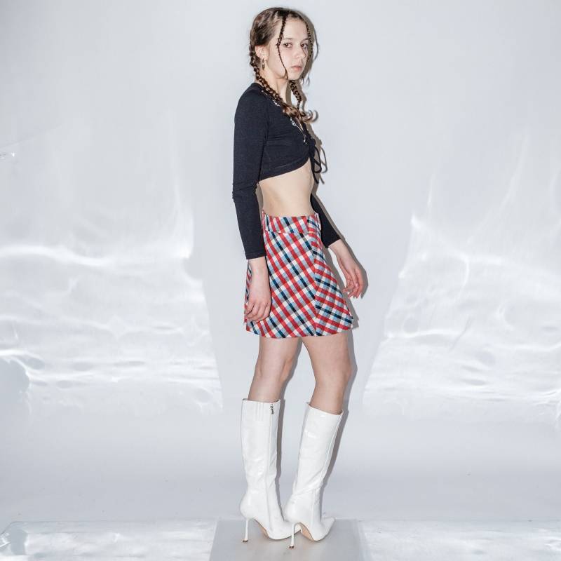 90Er Vintage A-Linie Mini Plissee Rock in Rot & Blau von VOLGAVINTAGE