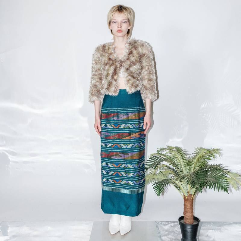 Vintage Y2K Traditioneller Abstrakter Maxirock in Dunklem Petrol von VOLGAVINTAGE