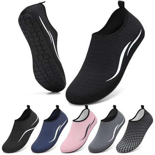 VOLHAL Badeschuhe Damen Wasserschuhe Herren Strandschuhe Schwimmschuhe Surfschuhe Aquaschuhe Breathable Schnelltrockend Schuhe Beach Pool Surfen Unisex(Doppelte Linien schwarz 41 EU) von VOLHAL
