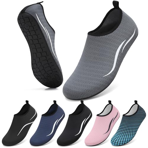 VOLHAL Badeschuhe Damen Wasserschuhe Herren Strandschuhe Schwimmschuhe Surfschuhe Aquaschuhe Breathable Schnelltrockend Schuhe Beach Pool Surfen Unisex(Gray Lines 38 EU) von VOLHAL