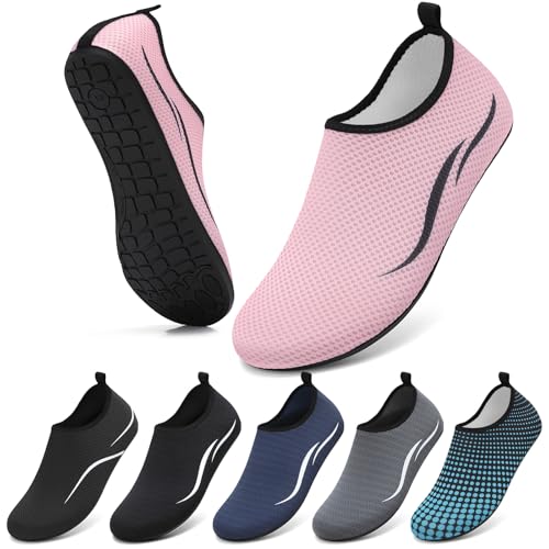 VOLHAL Badeschuhe Damen Wasserschuhe Herren Strandschuhe Schwimmschuhe Surfschuhe Aquaschuhe Breathable Schnelltrockend Schuhe Beach Pool Surfen Unisex(Pink Lines 37 EU) von VOLHAL