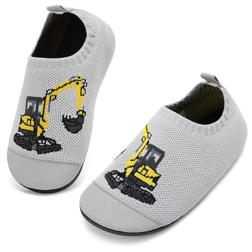 VOLHAL Hausschuhe ​Kinder Mädchen Junge Barfussschuhe Pantoffeln Lauflernschuhe ​Rutschfest ​Kindergarten für Atmung saktive​ Weich Kleinkinder Schuhe ​Unisex(Bagger Grau 28EU) von VOLHAL