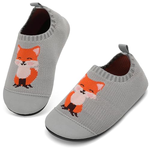 VOLHAL Hausschuhe ​Kinder Mädchen Junge Barfussschuhe Pantoffeln Lauflernschuhe ​Rutschfest ​Kindergarten für Atmung saktive​ Weich Kleinkinder Schuhe ​Unisex(Fuchs Grau 32EU) von VOLHAL