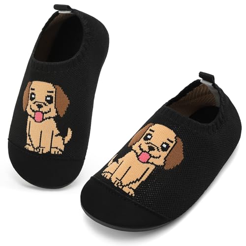 VOLHAL Hausschuhe ​Kinder Mädchen Junge Barfussschuhe Pantoffeln Lauflernschuhe ​Rutschfest ​Kindergarten für Atmung saktive​ Weich Kleinkinder Schuhe ​Unisex(Welpe Schwarz 26EU) von VOLHAL