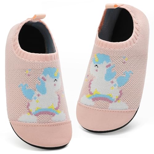 VOLHAL Hausschuhe ​Kinder Mädchen Junge Barfussschuhe Pantoffeln Lauflernschuhe ​Rutschfest ​Kindergarten für Atmung saktive​ Weich Kleinkinder Schuhe ​Unisex(02 Einhorn Rosa 25EU) von VOLHAL