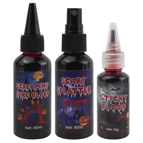 Kunstblut Set 3-teilig – Fake Blood Kit mit Kunstblut Spray 60ml, Kunstblut Gel 60ml & Geronnenem Blut 30g – Einfach aufzutragen & zu entfernen – Ideal für SFX, Halloween Make-up & Cosplay von VOLLUCK
