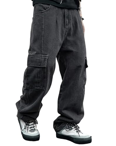 JNCO Herren Baggy Cargo Jeans Y2K Hip Hop Grunge Loose Fit Streetwear, grau dunkel, M von VOLYMOON
