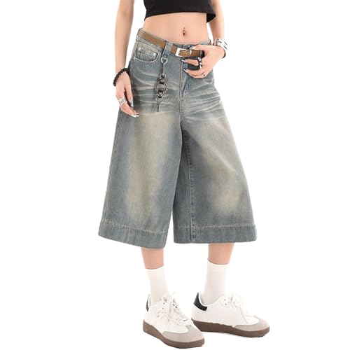 Y2k Baggy Jeans Shorts Jorts Y2k Hip Hop Shorts Skater Jeans Grunge Jorts Ästhetische Hose, Cyanblau, Mittel von VOLYMOON