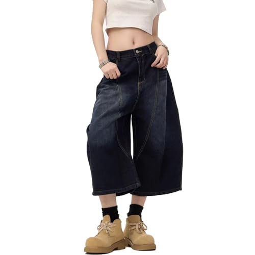 Y2k Baggy Jeans Shorts Jorts Y2k Hip Hop Shorts Skater Jeans Grunge Jorts Ästhetische Hose, Dunkelblau, Mittel von VOLYMOON