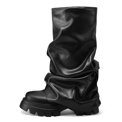 VOMIRA Damen Fold Over Boots Slouchy Boots Wide Calf Plissee Plateau Stiefel Glitzer Metallic Silber Stiefel Chunky Stacked Boots Mid Calf Boots, 2black, 38.5 EU von VOMIRA