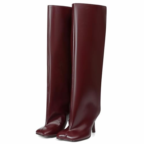 VOMIRA Kniehohe Damenstiefel aus Wildleder, breite Wade, quadratischer Zehenbereich, Stiletto, Herbst, Winter, zum Überziehen, hoher Absatz, lang, modisches Kleid, Burgunder, 38.5 EU von VOMIRA