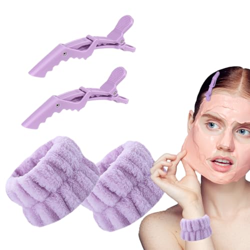 2 Stück Schweißfestes Handgelenk-Sportarmband, Gesichtswasch Armbänder Korallen Saugfähiges Armband, mit 2 Krokodilklemmen-Haarspangen von VOMZIKL