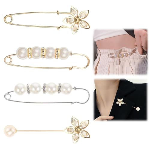 Brosche Damen, 4 Stück Sicherheitsnadel Brosche Clips, Sicherheitsnadel Brosche Künstliche Perlenbroschen Nadel Pullover Schal Clip Broschen von VOMZIKL
