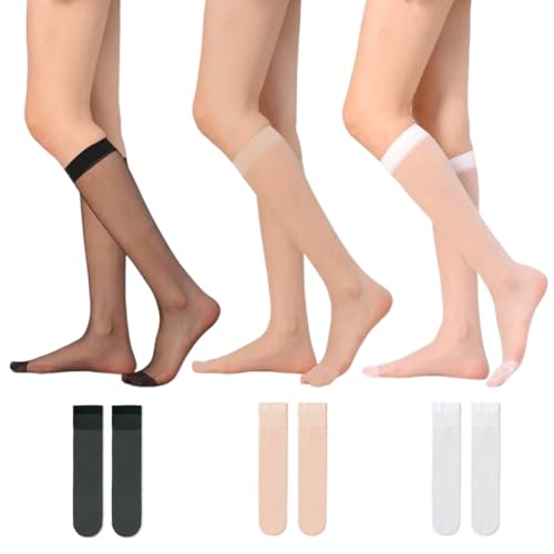 Durchsichtige Kniestrümpfe, 6 Paar lange Socken, Transparente Nylon Fein-Kniestrümpfe, Bund für Erwachsene Feinkniestrümpfe von VOMZIKL