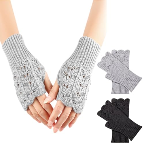 Fingerlose Handschuhe Damen 2 Paar, Winter Warme Pulswärmer Stricken Halb Fingerlose Handstulpen, Klassische Strick Halb Handschuhe Armstulpen für Damen und Mädchen von VOMZIKL
