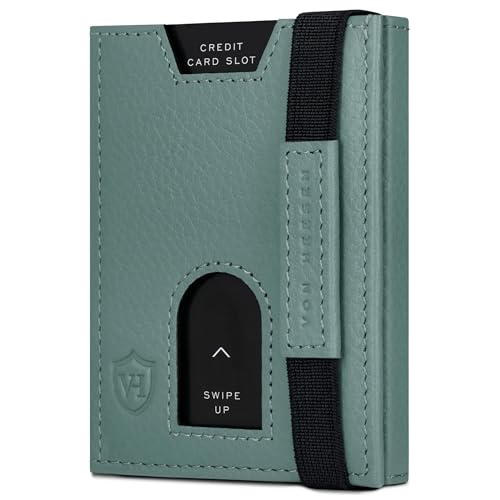 VON HEESEN Slim Wallet mit XL Münzfach & RFID-Schutz - Leder Geldbeutel - Mini Geldbörse für Herren und Damen - Kartenetui Echtleder Karten Portemonnaie klein - Kreditkartenetui Türkis Silver Pine von VON HEESEN