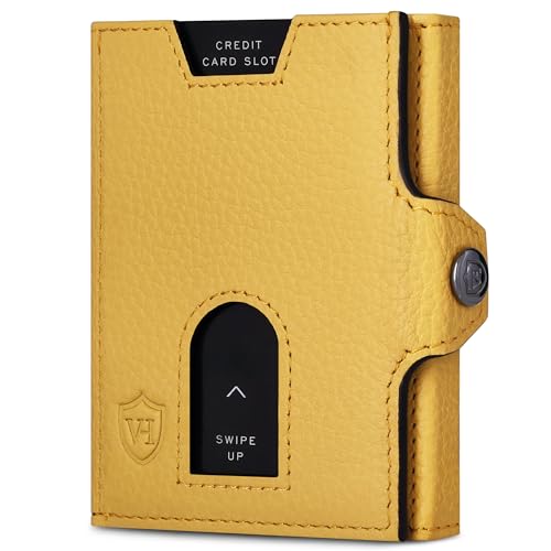 VON HEESEN Slim Wallet mit XXL Münzfach & RFID-Schutz - Leder Geldbeutel - Mini Geldbörse für Herren und Damen - Kartenetui Echtleder Karten Portemonnaie klein - Kreditkartenetui Gelb von VON HEESEN