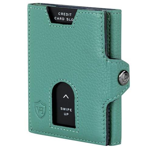 VON HEESEN Slim Wallet mit XXL Münzfach & RFID-Schutz - Leder Geldbeutel - Mini Geldbörse für Herren und Damen - Kartenetui Echtleder Karten Portemonnaie klein - Kreditkartenetui Türkis Silver Pine von VON HEESEN