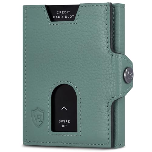VON HEESEN Slim Wallet mit XXL Münzfach & RFID-Schutz - Leder Geldbeutel - Mini Geldbörse für Herren und Damen - Kartenetui Echtleder Karten Portemonnaie klein - Kreditkartenetui Türkis Silver Pine von VON HEESEN