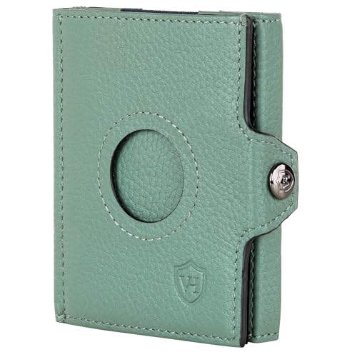 VON HEESEN Airtag Slim Wallet mit XL Münzfach & RFID-Schutz - Airtag Portmonee Herren klein aus echtem Leder - Mini Geldbörse - Kreditkartenetui Kartenetui - Portemonnaie Geldbeutel (Silver-Pine) von VON HEESEN