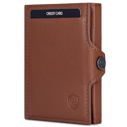 VON HEESEN Slim Wallet mit Münzfach & RFID-Schutz - Mini Geldbörse Herren & Damen - Kartenetui Geldklammer Kreditkartenetui - Portmonee Geldbeutel Portemonnaie klein (Cognac-Braun) von VON HEESEN
