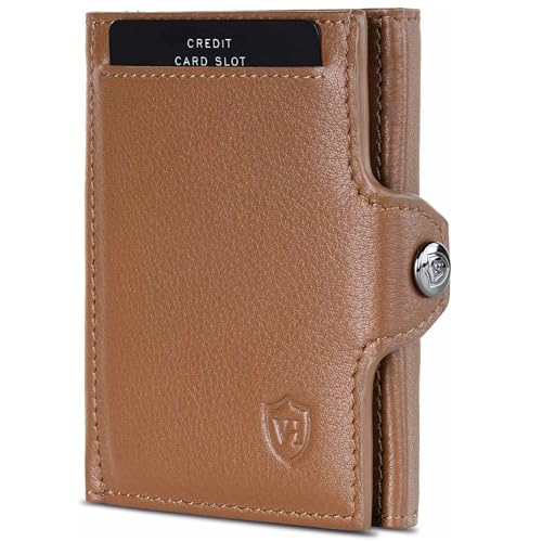 VON HEESEN Slim Wallet mit XL Münzfach & RFID-Schutz - Mini Geldbörse Herren & Damen - Kartenetui Kreditkartenetui - Portmonee Geldbeutel Portemonnaie klein (Cognac-Braun) von VON HEESEN