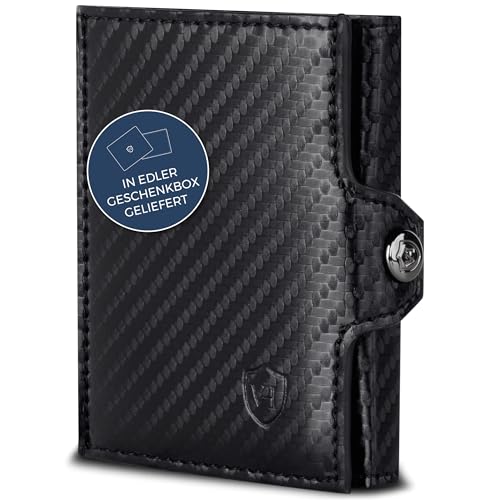 VON HEESEN Slim Wallet mit RFID Schutz - Geldbörse Herren klein - Mini Geldbeutel Damen Portmonee - Kartenetui Echtleder Karten Portemonnaie - Leder Kreditkartenetui Carbon-Schwarz von VON HEESEN