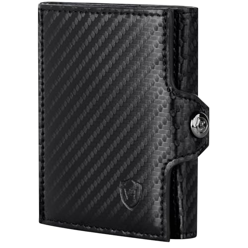 VON HEESEN Slim Wallet mit XXL Münzfach & RFID-Schutz - Mini Geldbörse Herren & Damen - Kartenetui Kreditkartenetui - Portmonee Geldbeutel Portemonnaie klein Carbon-Schwarz von VON HEESEN