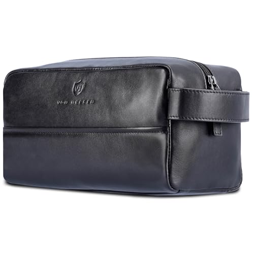 VON HEESEN Kulturbeutel Leder Kulturtasche für Herren & Damen - Echtleder Necessaire ideal zum Reisen - Waschtasche und Kosmetiktasche mit einem Hauptfach schwarz, groß von VON HEESEN