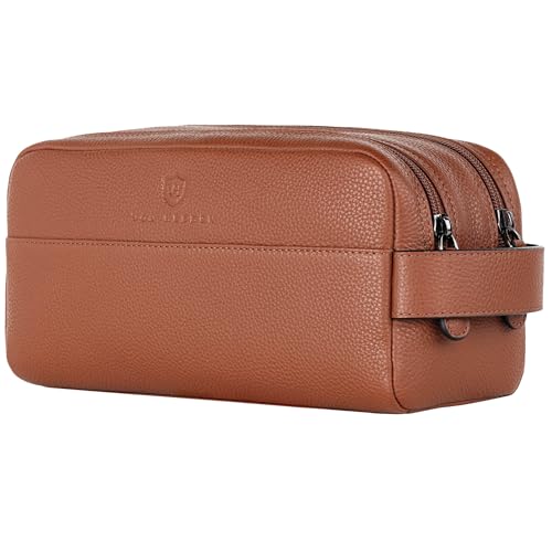 VON HEESEN Kulturbeutel Leder Kulturtasche für Herren & Damen - Echtleder Necessaire ideal zum Reisen - Waschtasche und Kosmetiktasche mit Zwei Hauptfächern Cognac-braun, groß von VON HEESEN