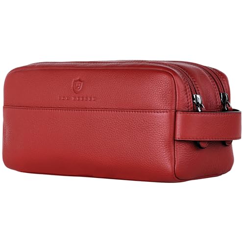 VON HEESEN Kulturbeutel Leder Kulturtasche für Herren & Damen - Echtleder Necessaire ideal zum Reisen - Waschtasche und Kosmetiktasche mit Zwei Hauptfächern rot, groß von VON HEESEN