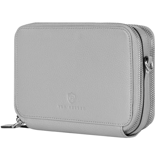 VON HEESEN Leder Geldbörse mit RFID-Blocker - Portemonnaie für Damen & Herren aus echtem Leder - Wallet mit Münzfach - Geldbeutel mit abnehmbarem Schultergurt für Frauen und Männer in Grau von VON HEESEN