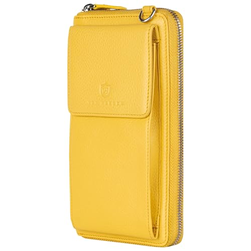 VON HEESEN Leder Handy-Geldbörse mit RFID-Schutz - Handytasche mit Portemonnaie für Damen & Herren aus echtem Leder - Wallet mit Münzfach - Geldbeutel für Frauen und Männer in Gelb von VON HEESEN