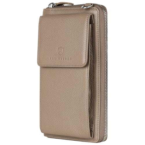 VON HEESEN Leder Handy-Geldbörse mit RFID-Schutz - Handytasche mit Portemonnaie für Damen & Herren aus echtem Leder - Wallet mit Münzfach - Geldbeutel für Frauen und Männer in Taupe von VON HEESEN