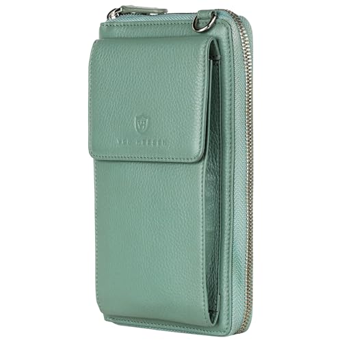 VON HEESEN Leder Handy-Geldbörse mit RFID-Schutz - Handytasche mit Portemonnaie für Damen & Herren aus echtem Leder - Wallet mit Münzfach - Geldbeutel für Frauen und Männer in Türkis (Silver Pine) von VON HEESEN