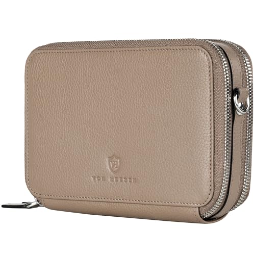 VON HEESEN Leder Geldbörse mit RFID-Blocker - Portemonnaie für Damen & Herren aus echtem Leder - Wallet mit Münzfach - Geldbeutel mit abnehmbarem Schultergurt für Frauen und Männer in Taupe von VON HEESEN