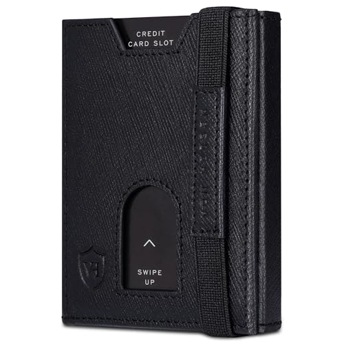 VON HEESEN Leder Slim Wallet - Geldbeutel mit RFID Schutz - Mini Geldbörse für Herren und Damen - Kartenetui Echtleder Karten Portemonnaie klein - Kreditkartenetui Schwarz Saffiano von VON HEESEN