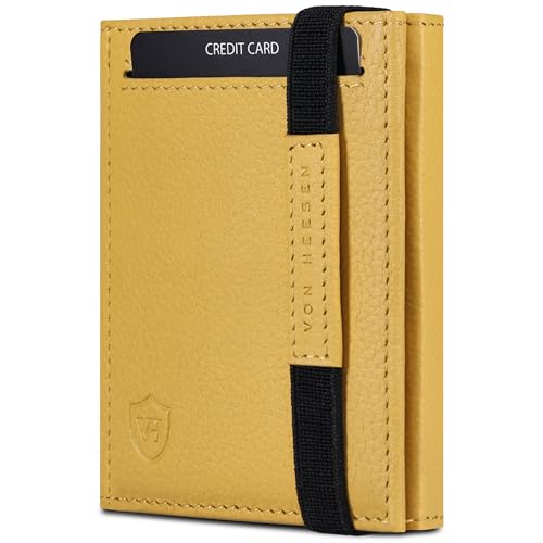 VON HEESEN Slim Wallet mit XL Münzfach & RFID Schutz - Leder Geldbörse Herren klein - Mini Geldbeutel Damen Portmonee - Kartenetui Echtleder Karten Portemonnaie - Kreditkartenetui Gelb von VON HEESEN
