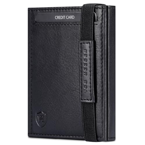 VON HEESEN Slim Wallet mit Münzfach & RFID Schutz - Leder Geldbörse Herren klein - Mini Geldbeutel Damen Portmonee - Kartenetui Echtleder Karten Portemonnaie - Kreditkartenetui Schwarz glatt von VON HEESEN
