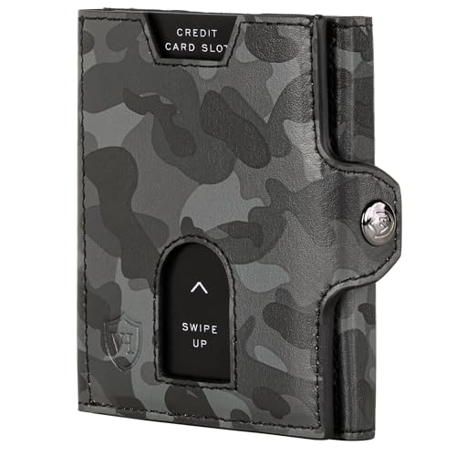 VON HEESEN Slim Wallet mit Münzfach & RFID Schutz - Geldbörse Herren klein - Mini Geldbeutel Damen Portmonee - Kartenetui Echtleder Karten Portemonnaie - Leder Kreditkartenetui Camouflage Grau von VON HEESEN