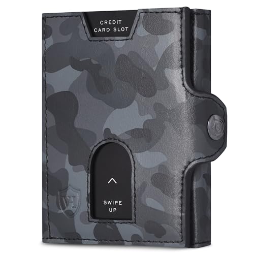 VON HEESEN Slim Wallet mit Münzfach & RFID Schutz - Geldbörse Herren klein - Mini Geldbeutel Damen Portmonee - Kartenetui Echtleder Karten Portemonnaie - Leder Kreditkartenetui Camouflage Grau von VON HEESEN