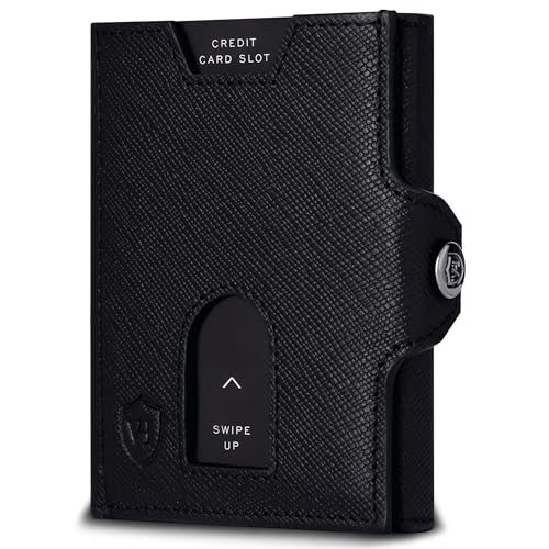 VON HEESEN Slim Wallet mit Münzfach & RFID Schutz - Geldbörse Herren klein - Mini Geldbeutel Damen Portmonee - Kartenetui Echtleder Karten Portemonnaie - Leder Kreditkartenetui Schwarz Saffiano von VON HEESEN