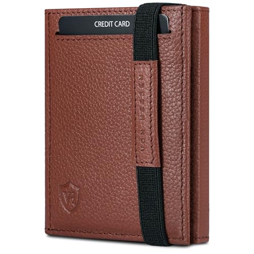 VON HEESEN Slim Wallet mit Münzfach & RFID-Schutz - Leder Geldbeutel - Mini Geldbörse für Herren und Damen - Kartenetui Echtleder Karten Portemonnaie klein - Kreditkartenetui Cognac-Braun genarbt von VON HEESEN