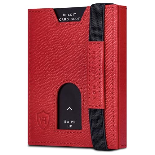 VON HEESEN Slim Wallet mit Münzfach & RFID-Schutz - Leder Geldbeutel - Mini Geldbörse für Herren und Damen - Kartenetui Echtleder Karten Portemonnaie klein - Kreditkartenetui Rot Saffiano von VON HEESEN
